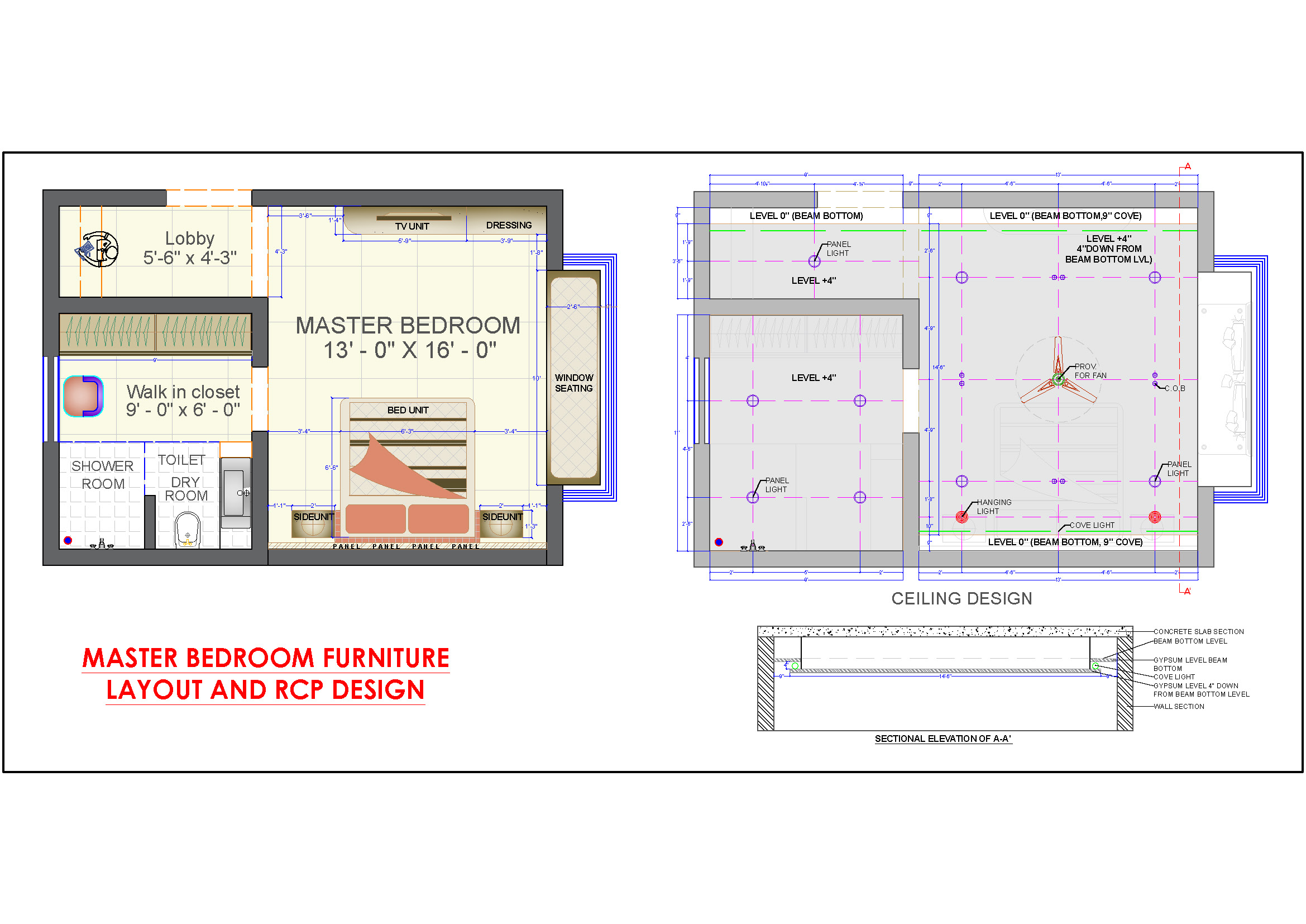 Detailed Master Bedroom Layout with False Ceiling DWG